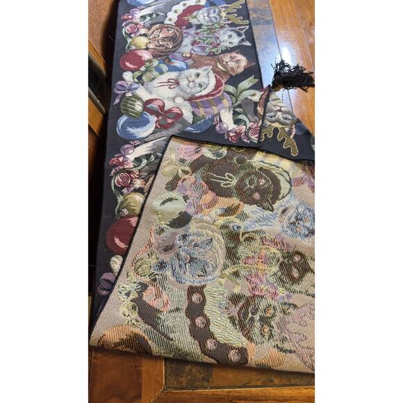 Christmas Cats Table Runner Whimsical Kitty Curious Cat 68” x 13" Tapestry Black - Picture 5 of 6